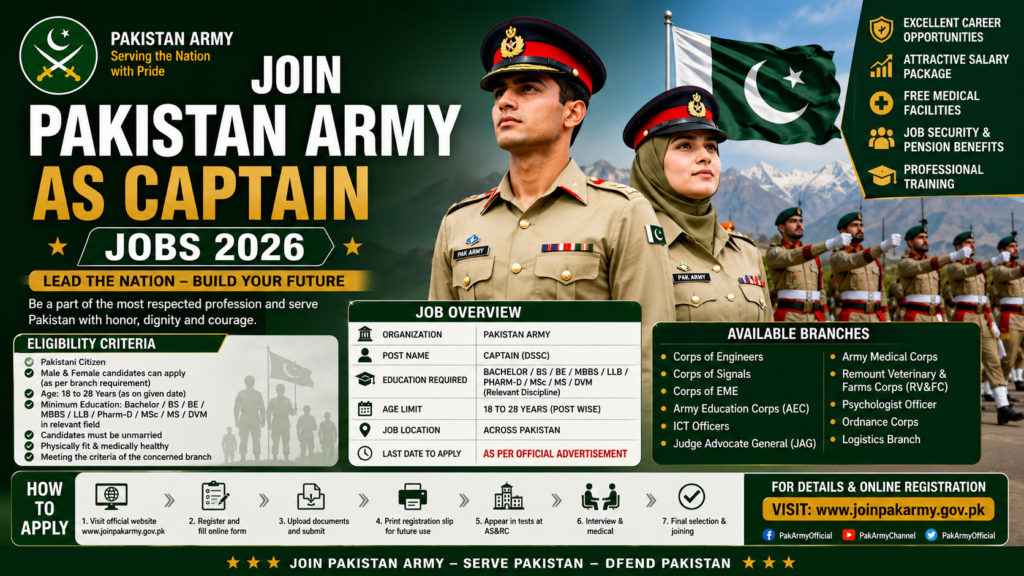 Join Pakistan Army as Captain Jobs 2026