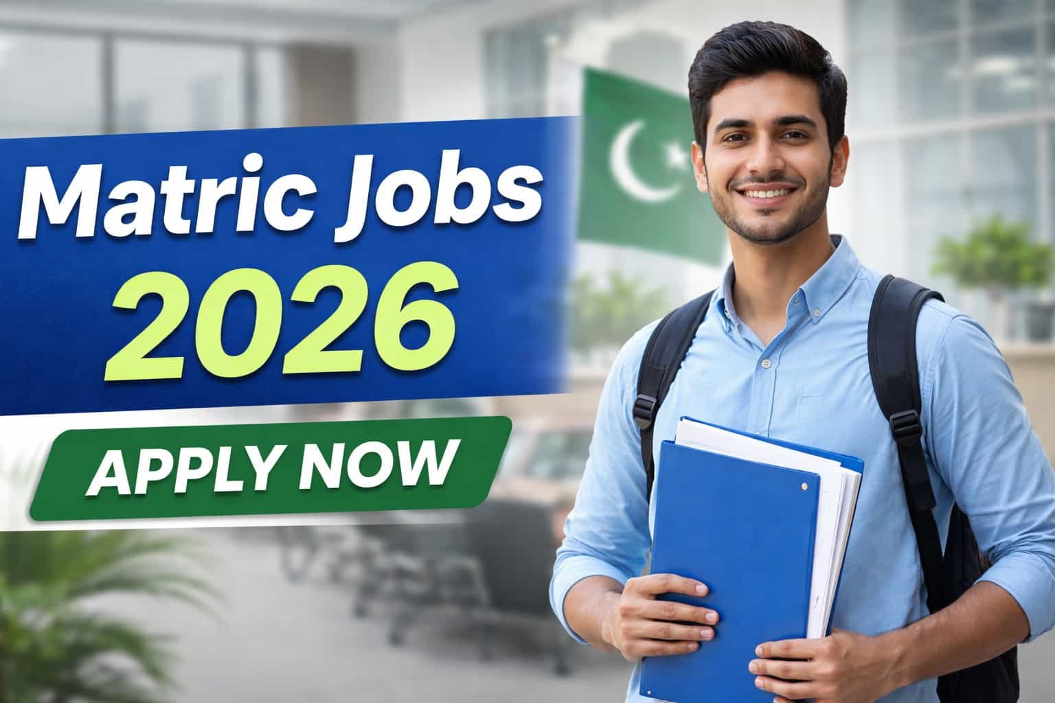 Professional 16:9 thumbnail for Fauji Foundation Job Portal in 2026 showing a confident young Pakistani candidate holding documents in front of a modern office background with bold text “Fauji Foundation Job Portal 2026 – Apply Now”.