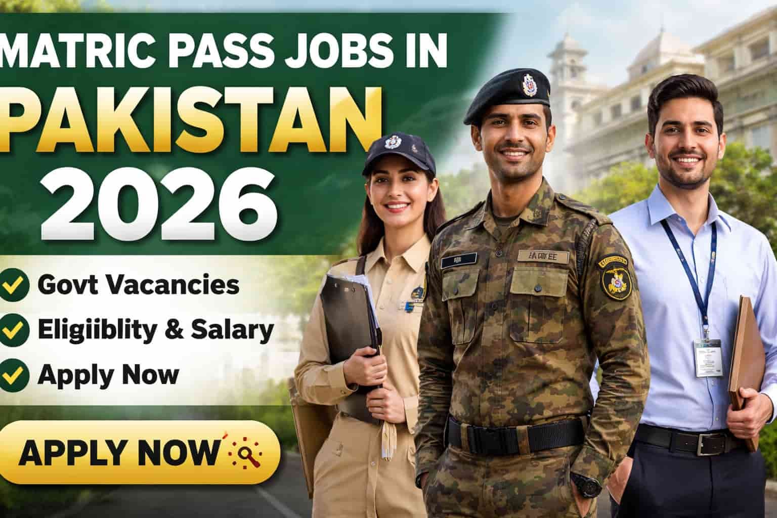Matric pass jobs in Pakistan in 2026 government recruitment banner with apply now call to action