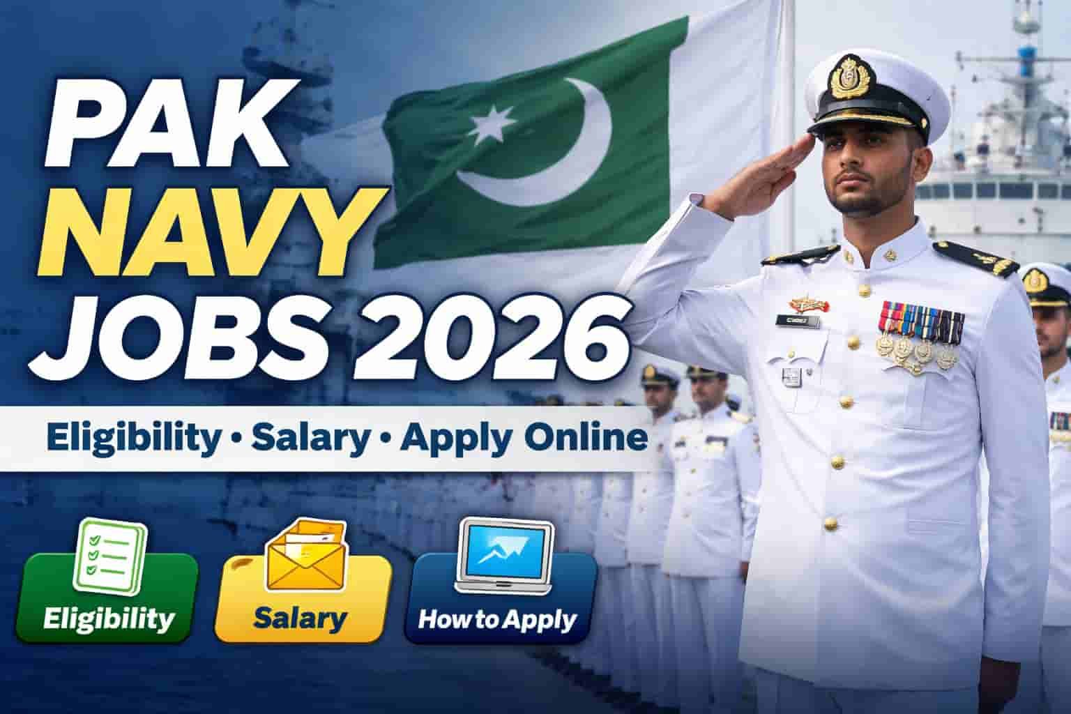 PAK Navy Jobs 2026 banner showing Pakistan Navy officer saluting in uniform with warship and Pakistan flag, highlighting eligibility, salary, and apply online information.