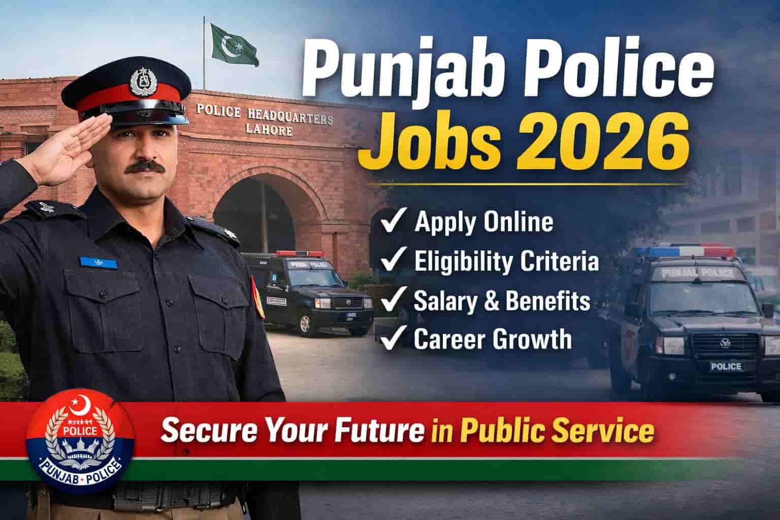 Punjab Police Jobs 2026 thumbnail showing a uniformed Punjab Police officer saluting in front of Police Headquarters Lahore with text highlighting apply online, eligibility, salary, and career growth.
