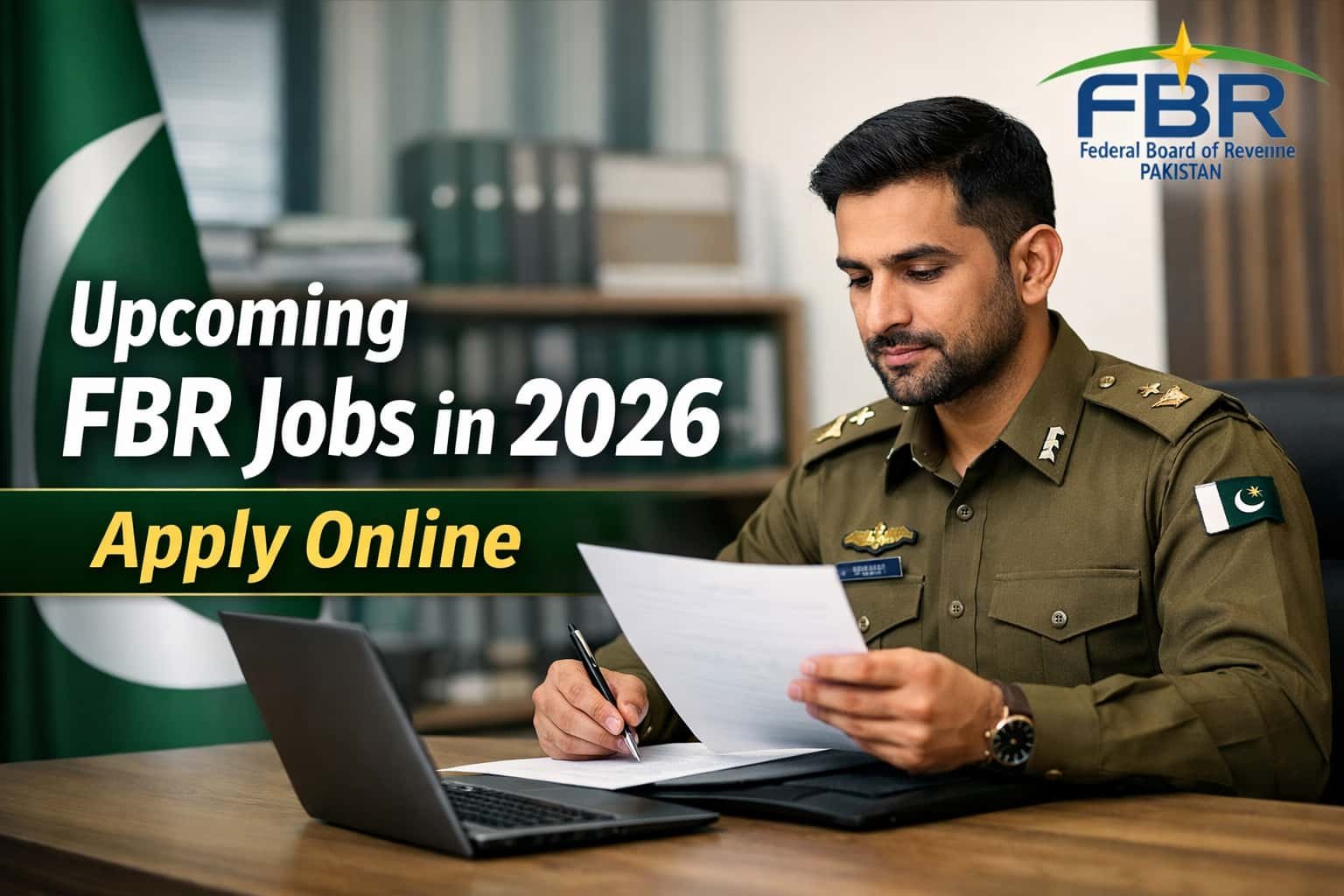 Upcoming FBR jobs in 2026 thumbnail showing a Federal Board of Revenue officer reviewing documents in office with apply online text overlay