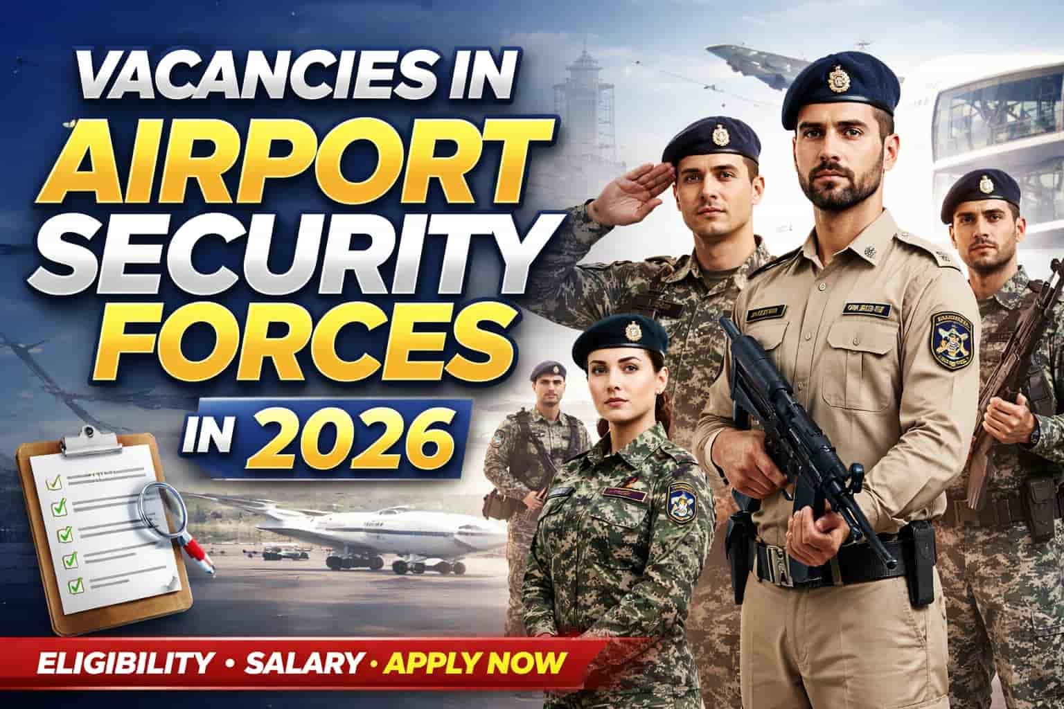 Promotional thumbnail showing Airport Security Force officers at an airport with bold text Vacanices in Airport Security Forces in 2026 highlighting eligibility, salary, and apply now.