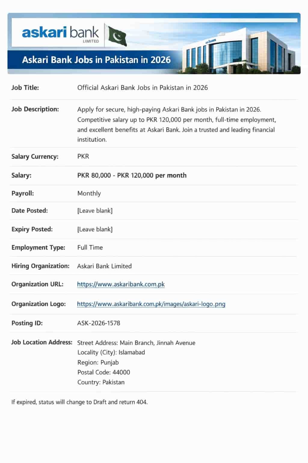 Askari Bank Jobs in Pakistan in 2026 official recruitment banner with branch building and apply now text