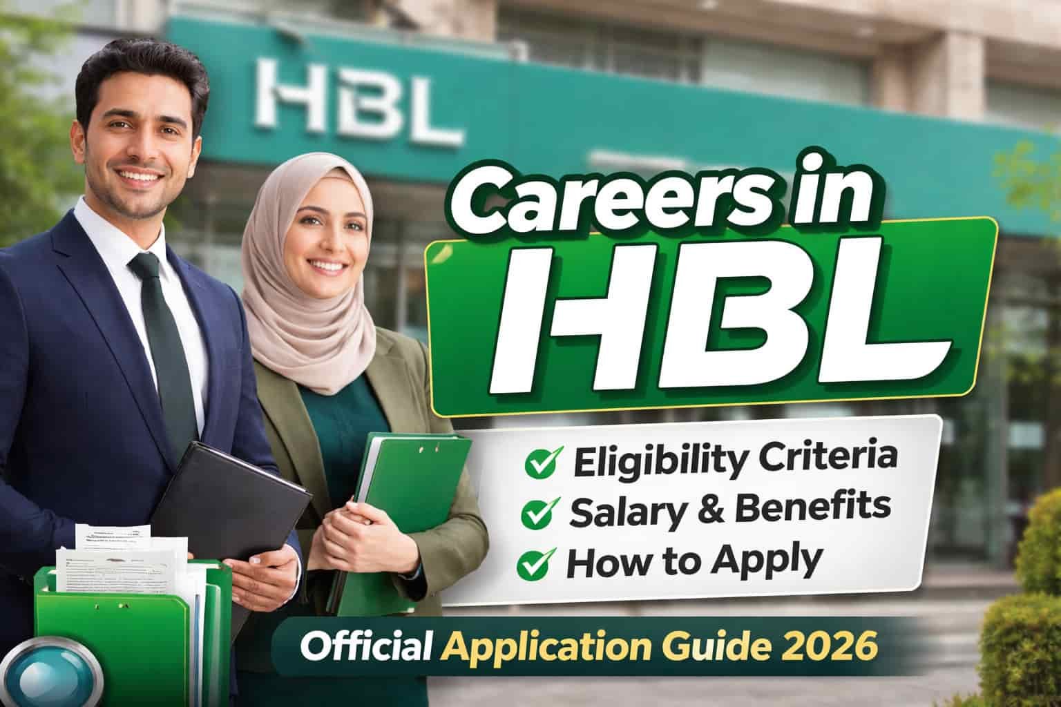 Careers in HBL 2026 official application guide thumbnail showing professional banking staff with eligibility, salary, and how to apply information.