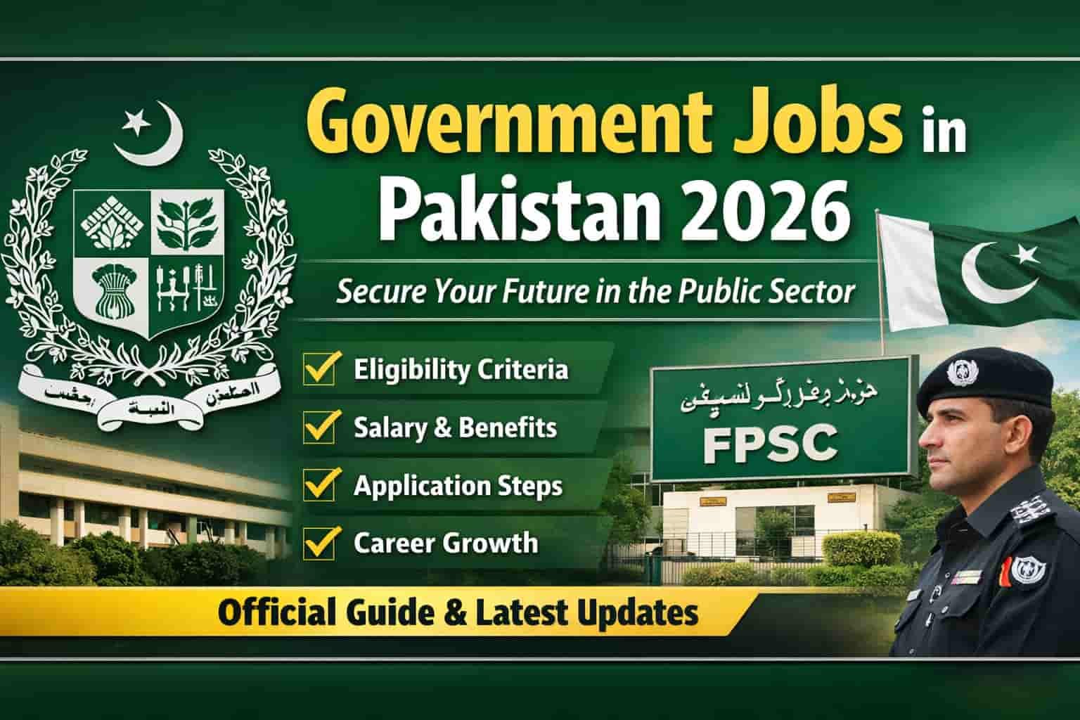 16:9 thumbnail showing Government Jobs in Pakistan in 2026 guide with national emblem, FPSC building, Pakistan flag, and key points like eligibility, salary, application steps, and career growth.