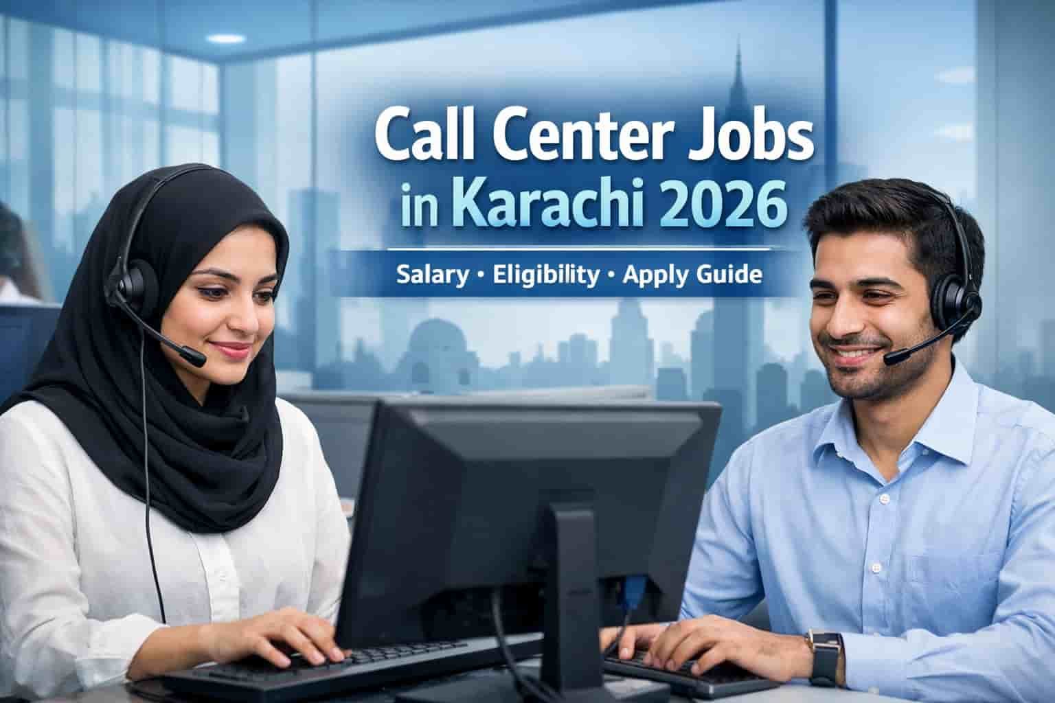 Call center jobs in Karachi in 2026 customer support agents working in a professional office environment with headsets and computers handling calls and digital communication.