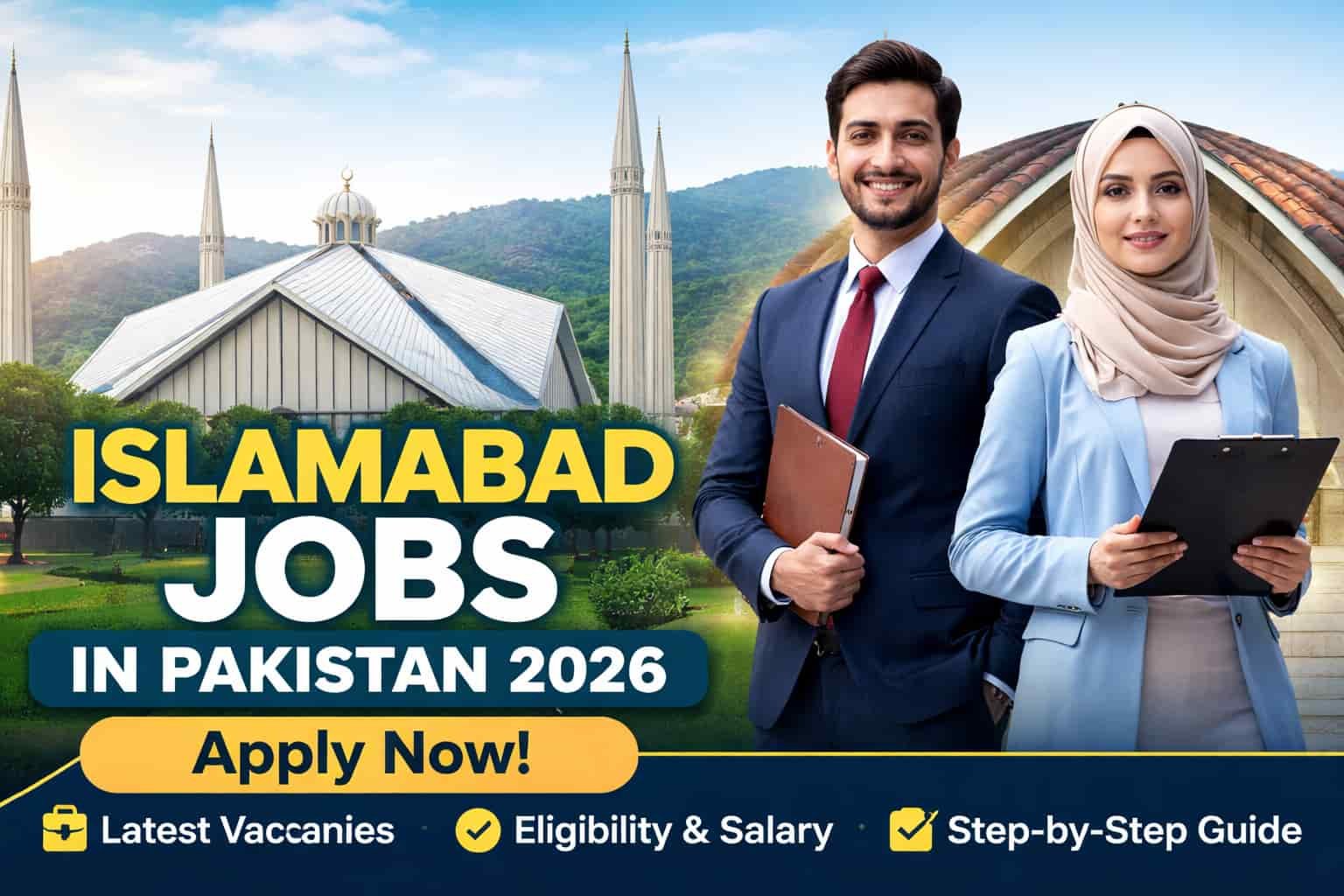 Professional banner showing Islamabad jobs in Pakistan 2026 with Faisal Mosque, Pakistan Monument, and confident job seekers highlighting latest vacancies, eligibility, and apply guide.