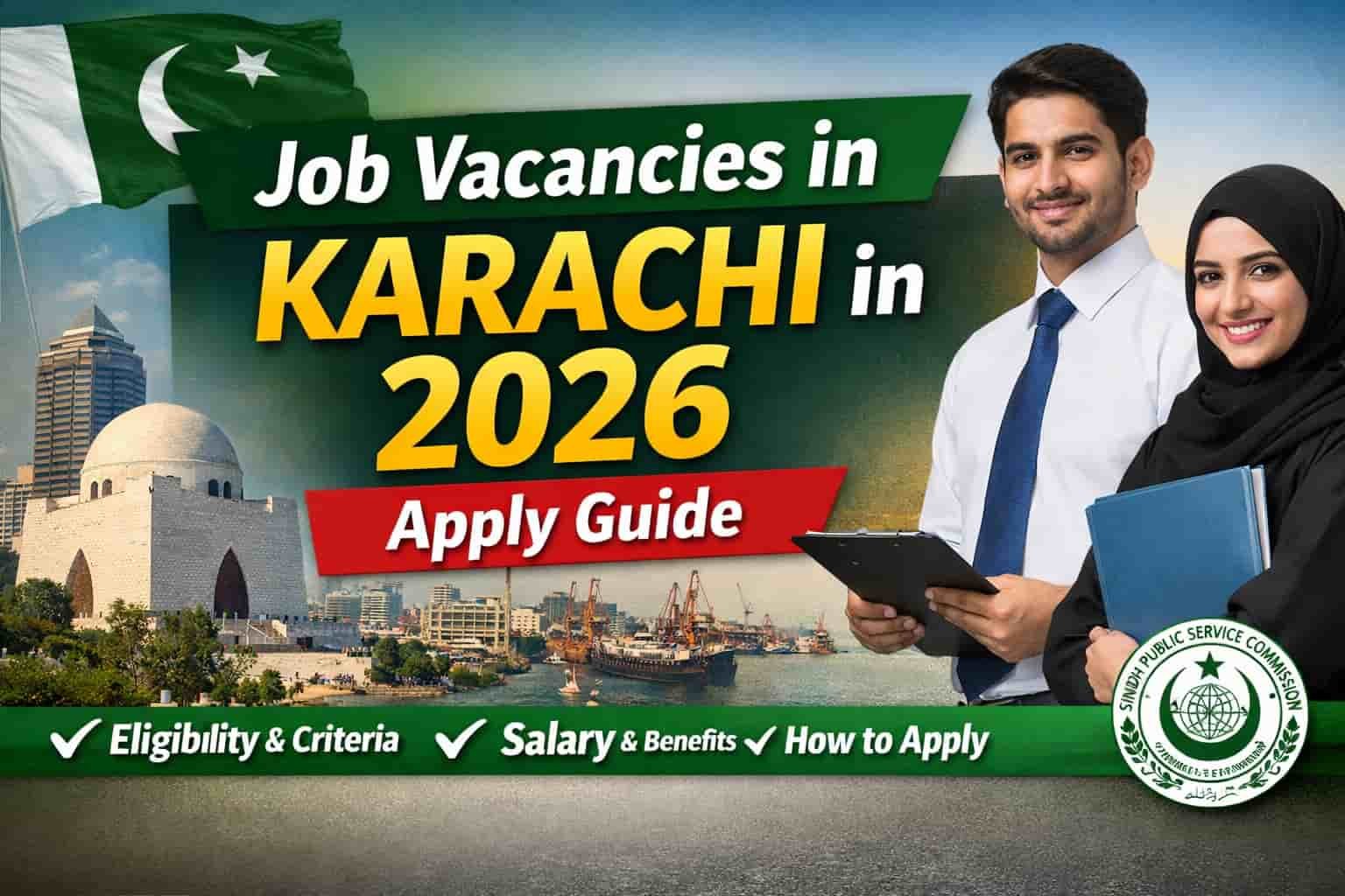 Banner showing job vacancies in Karachi in 2026 with skyline, applicants, and apply guide text for government and public sector jobs in Pakistan.