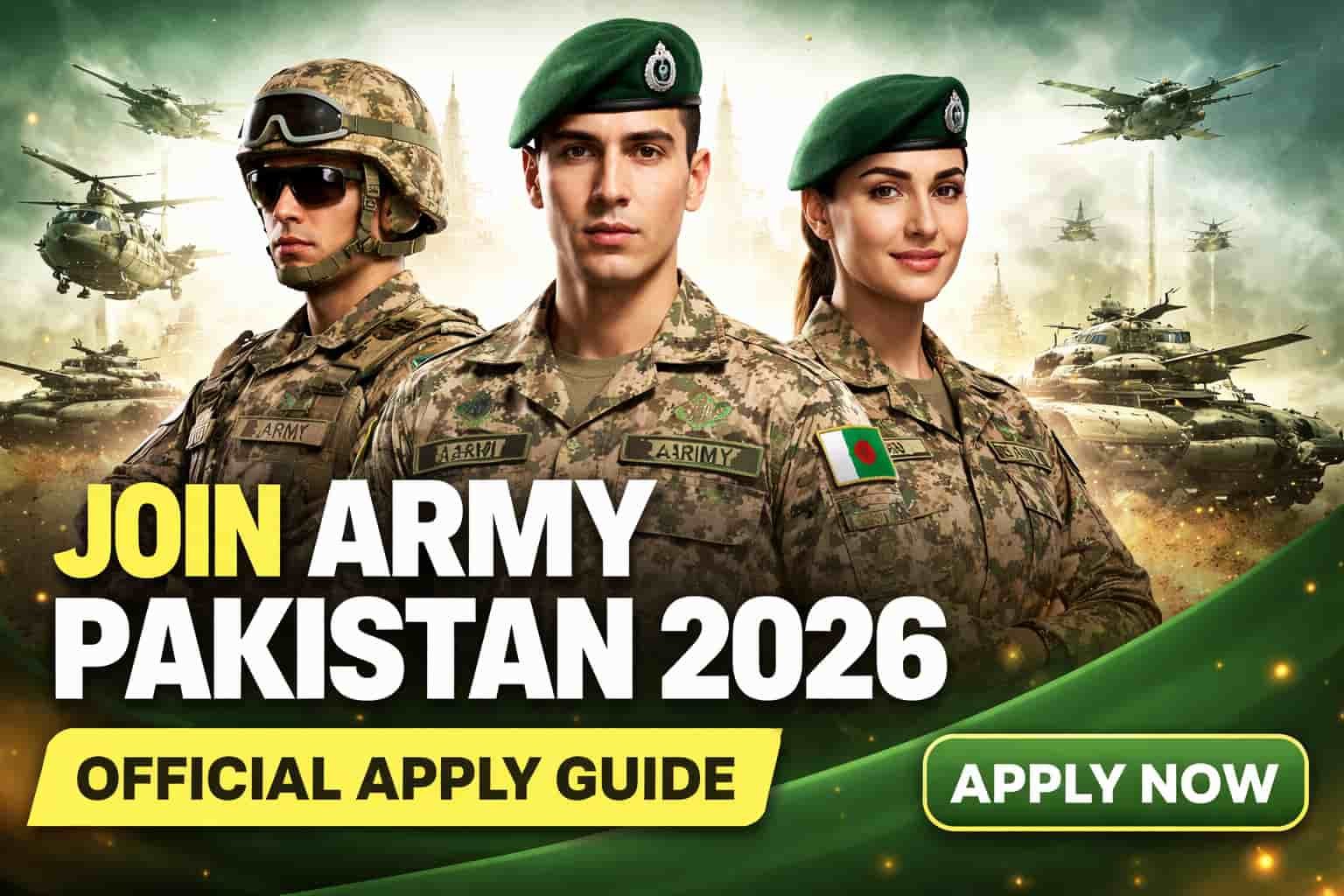 Join Army Pakistan 2026 recruitment thumbnail showing Pakistan Army soldiers in uniform with official apply guide and apply now call to action.