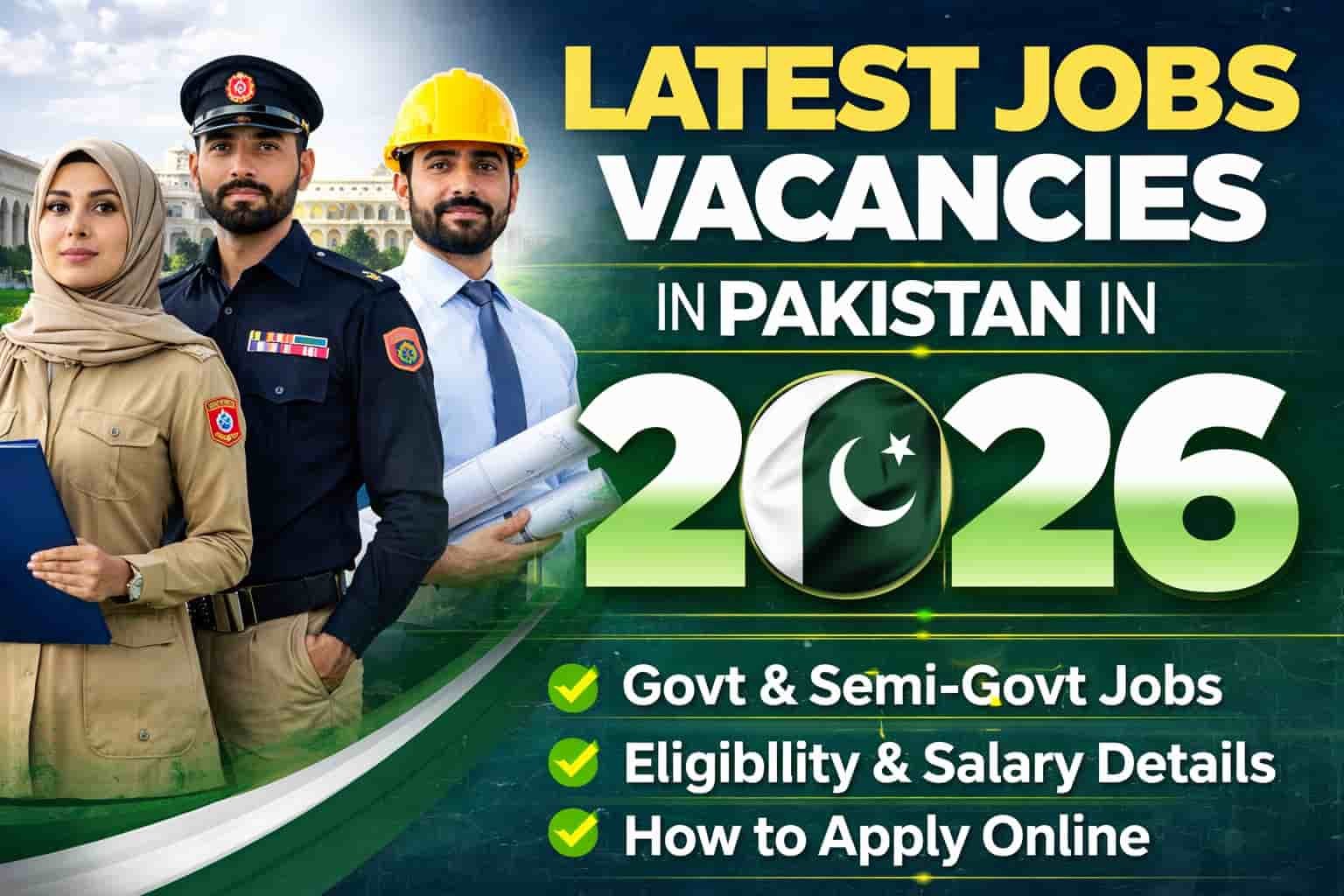 16:9 thumbnail banner showing latest jobs vacancies in Pakistan in 2026 with government professionals, Parliament background, and apply online details.