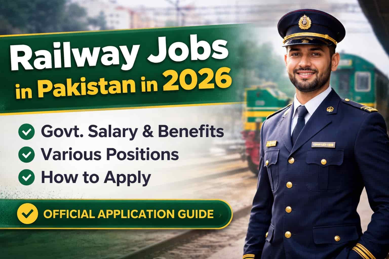 Railway jobs in Pakistan in 2026 official application guide banner showing a Pakistan Railways officer in uniform with a train background highlighting salary, benefits, and how to apply