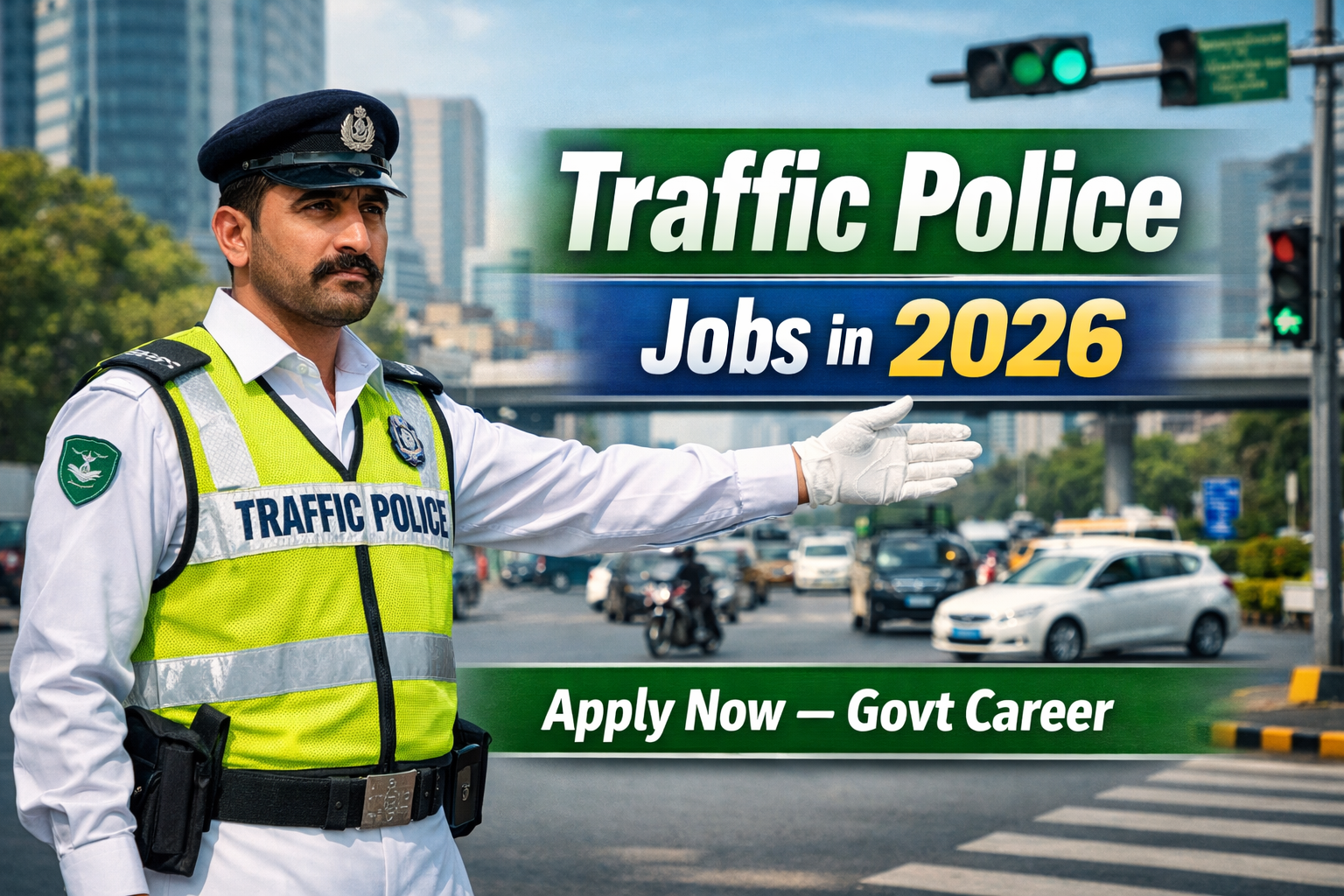 Promotional thumbnail showing two traffic police officers highlighting eligibility, salary, and how to apply for Traffic Police jobs in 2026 in Pakistan.