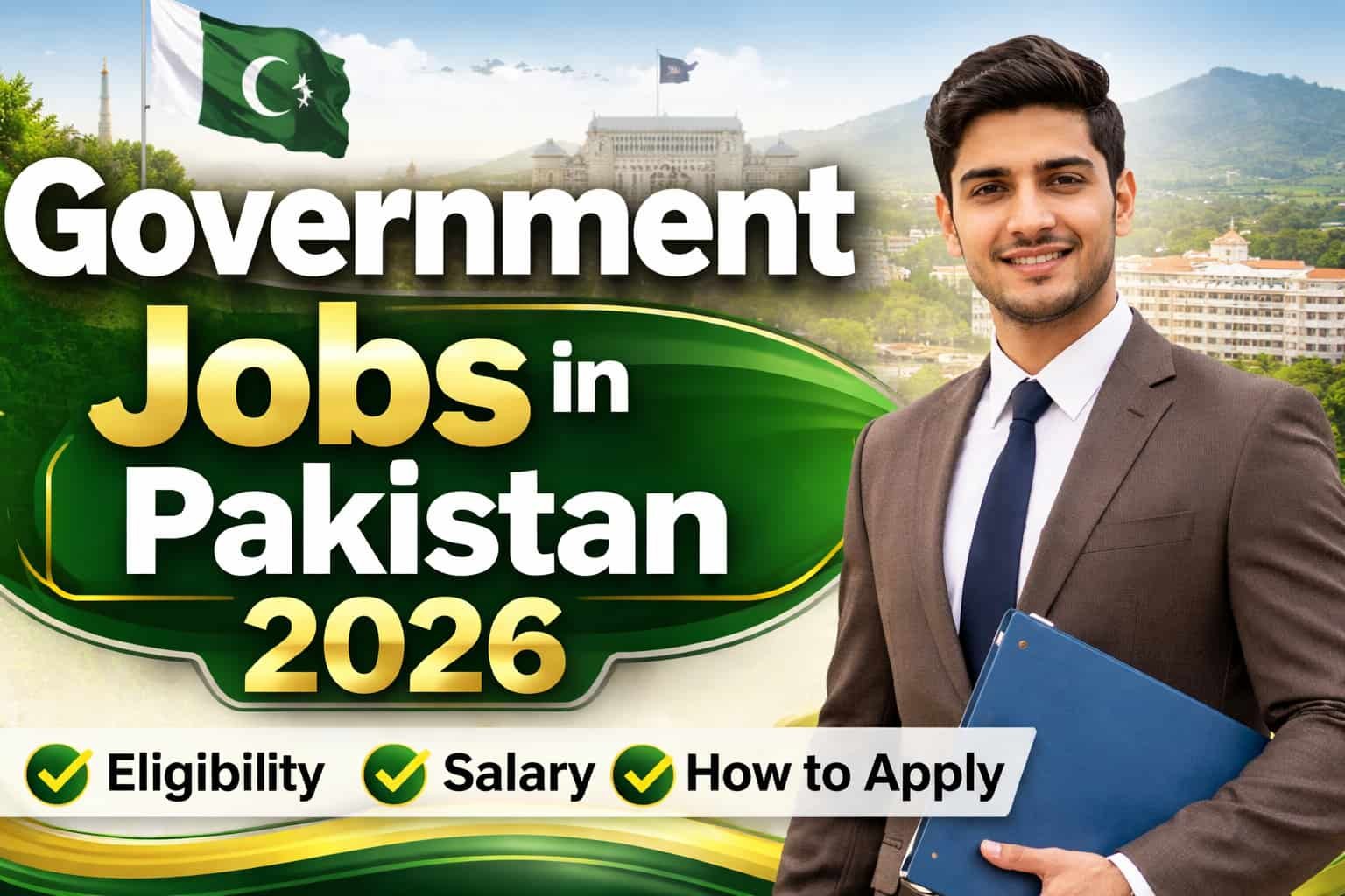 Professional 16:9 banner for Government jobs in Pakistan 2026, showing recruitment theme with eligibility, salary, and how to apply highlights.